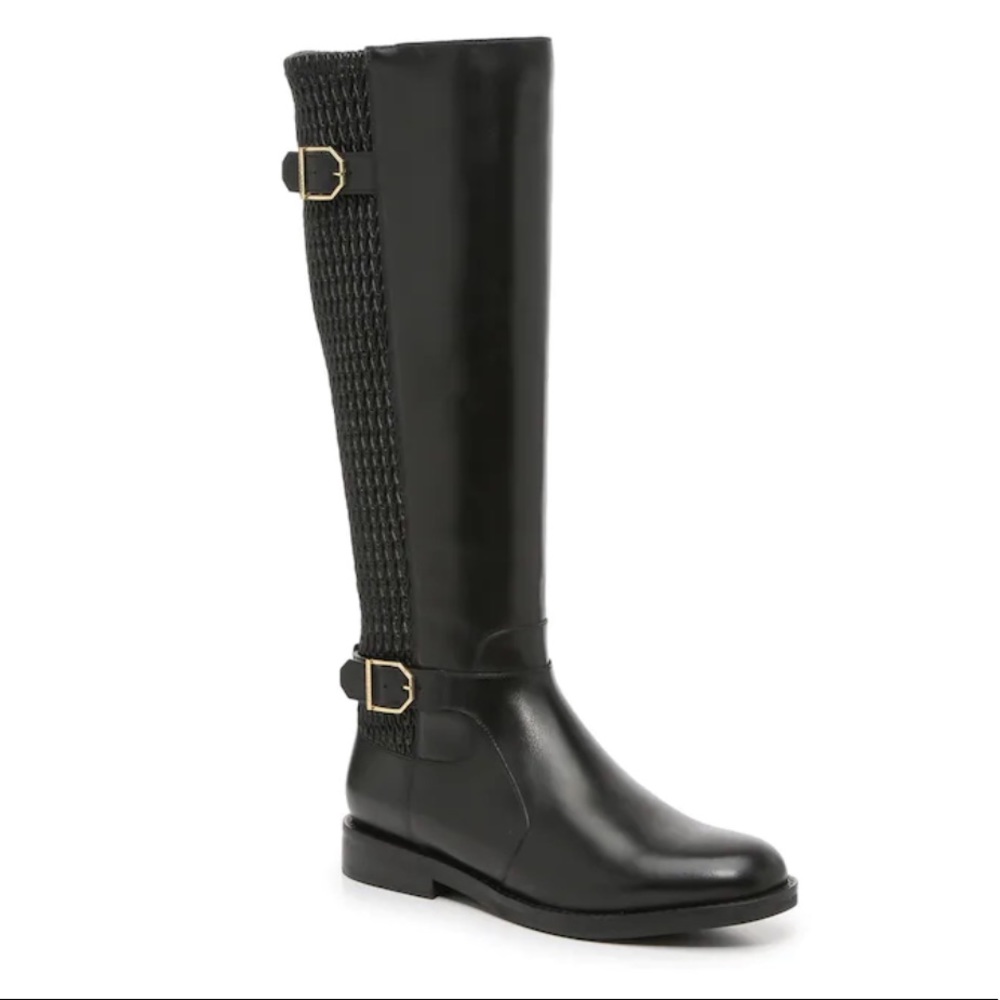Black Faux Leather Knee High Riding Boots